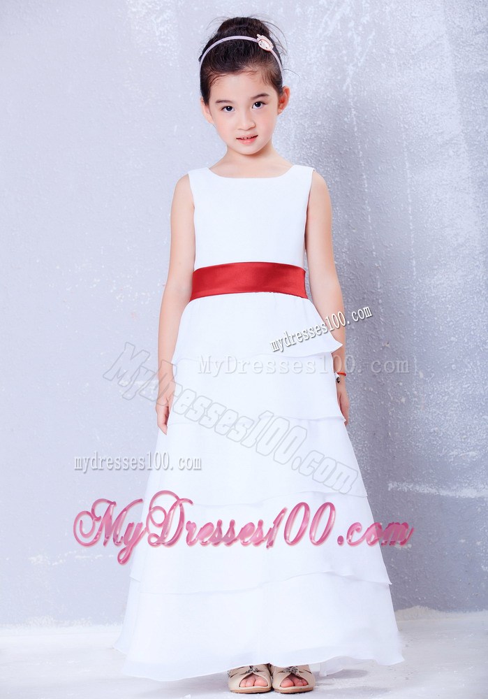 White and Red Scoop Ankle-length Sash Flower Girl Dress