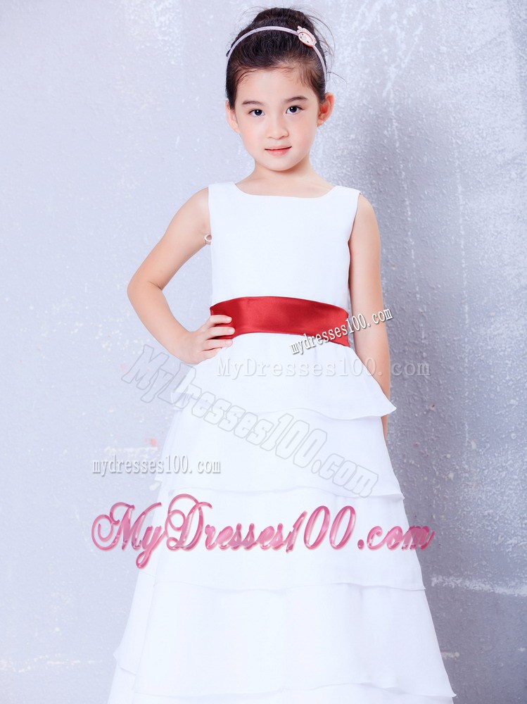 White and Red Scoop Ankle-length Sash Flower Girl Dress