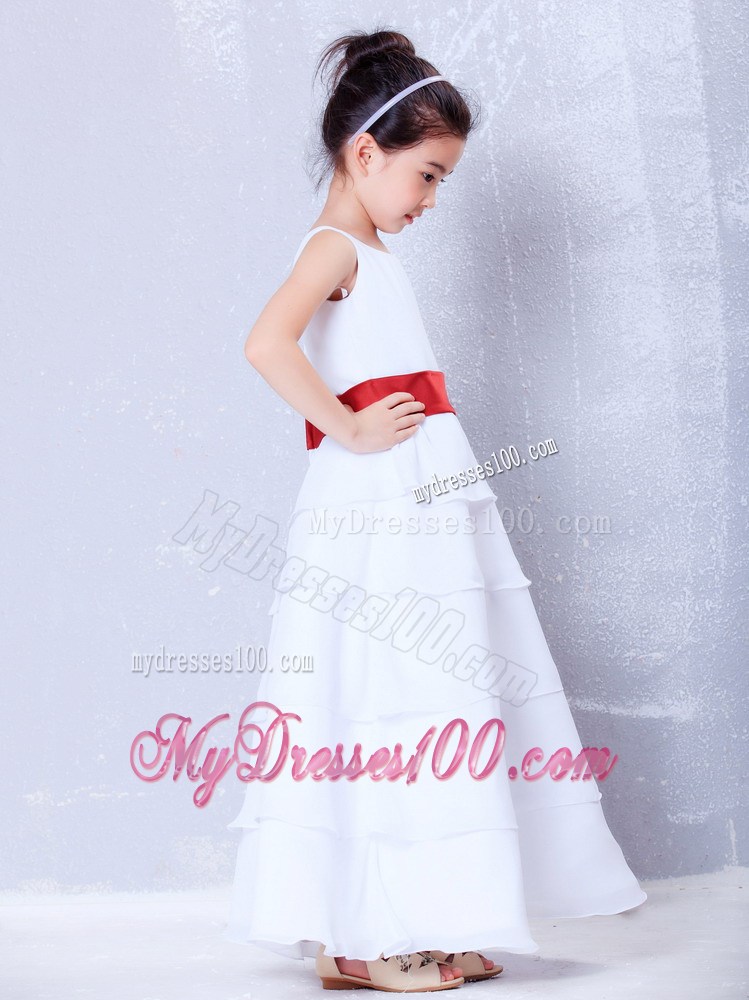 White and Red Scoop Ankle-length Sash Flower Girl Dress