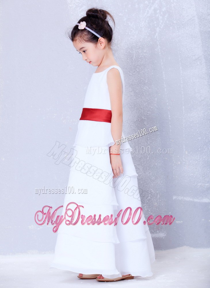 White and Red Scoop Ankle-length Sash Flower Girl Dress