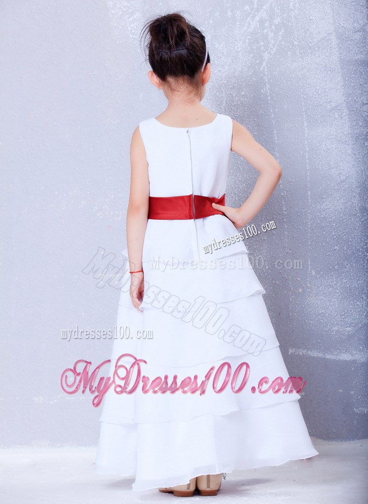 White and Red Scoop Ankle-length Sash Flower Girl Dress
