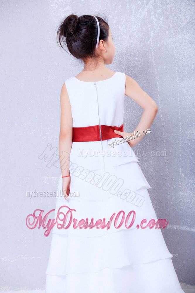White and Red Scoop Ankle-length Sash Flower Girl Dress