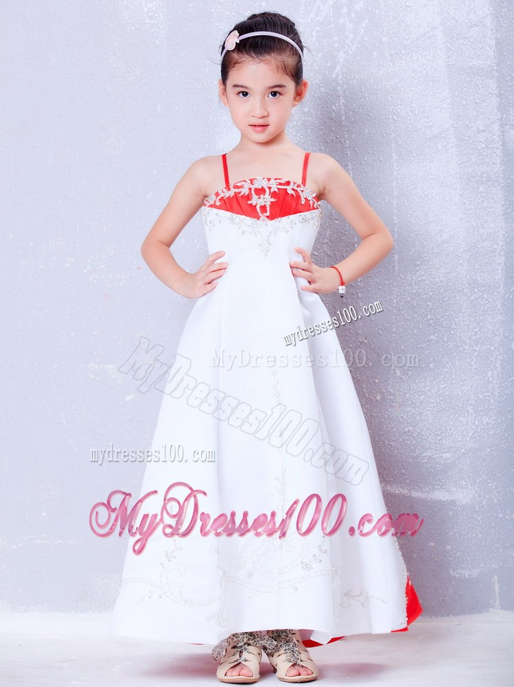 White and Red Straps Ankle-length Embroidery Flower Girl Dress