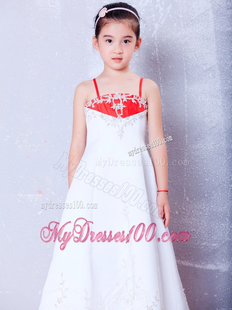 White and Red Straps Ankle-length Embroidery Flower Girl Dress