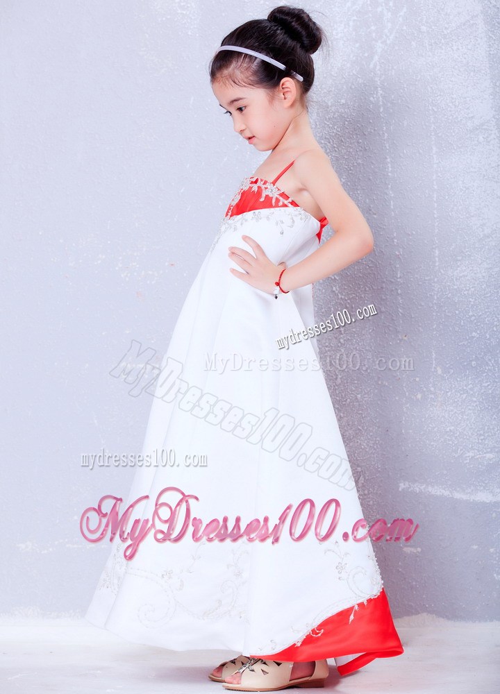 White and Red Straps Ankle-length Embroidery Flower Girl Dress
