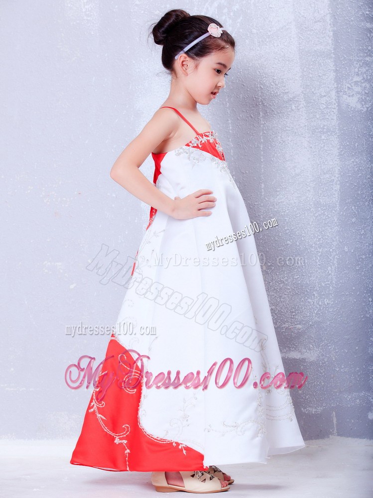 White and Red Straps Ankle-length Embroidery Flower Girl Dress