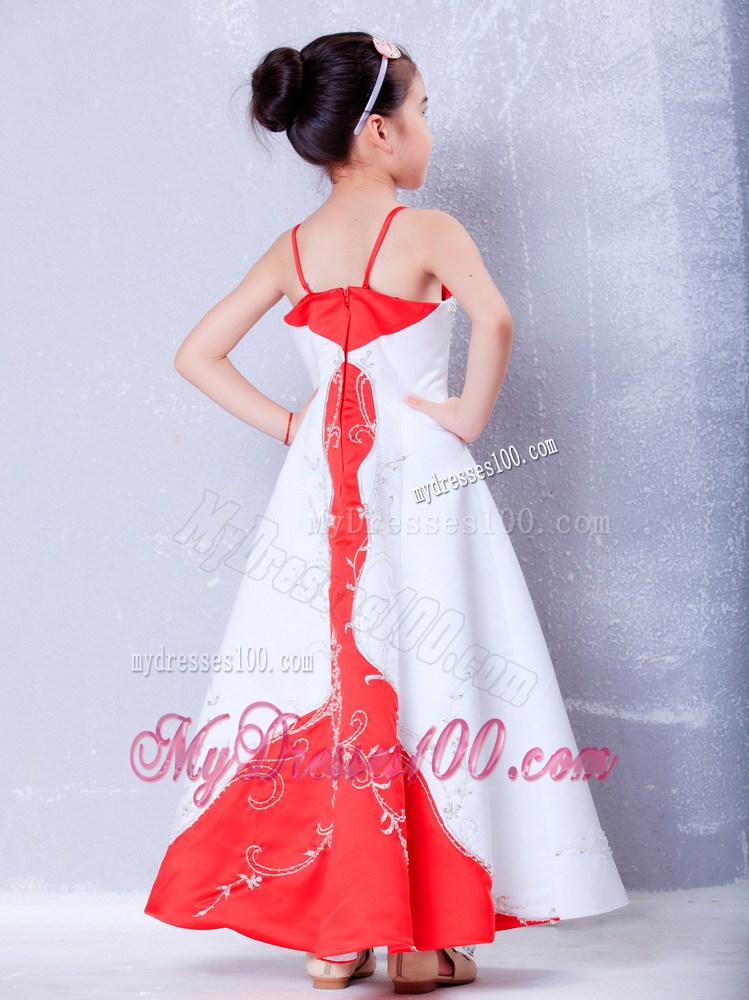 White and Red Straps Ankle-length Embroidery Flower Girl Dress