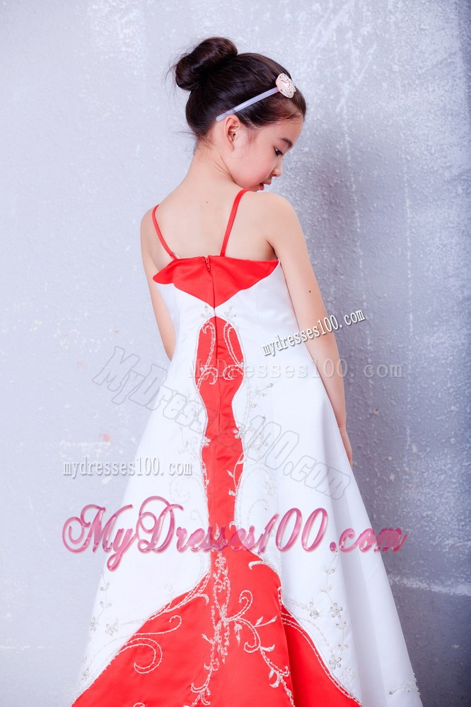 White and Red Straps Ankle-length Embroidery Flower Girl Dress