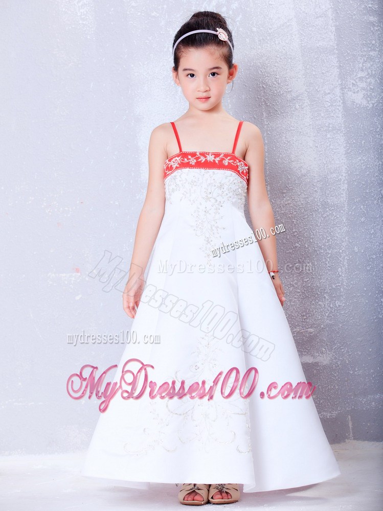 White and Red Straps Ankle-length Embroidery Flower Girl Dress