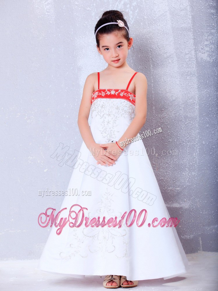 White and Red Straps Ankle-length Embroidery Flower Girl Dress