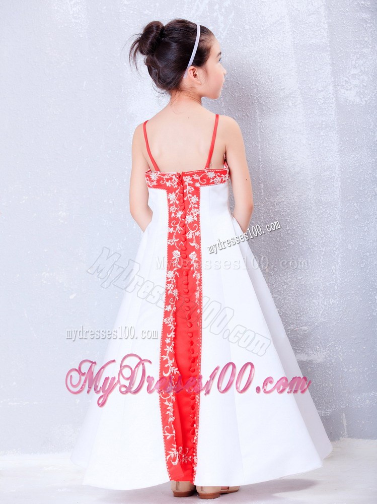 White and Red Straps Ankle-length Embroidery Flower Girl Dress
