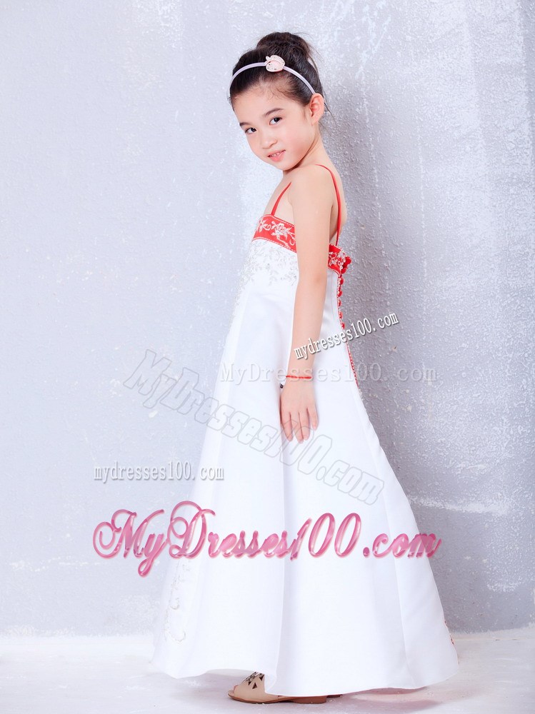 White and Red Straps Ankle-length Embroidery Flower Girl Dress