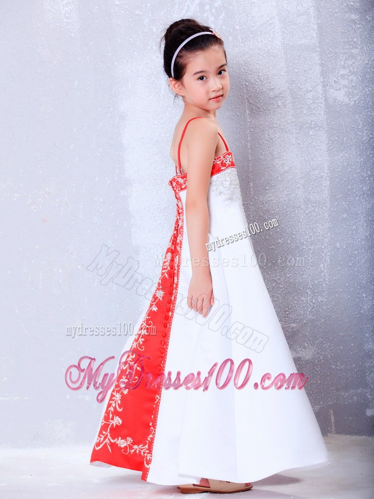 White and Red Straps Ankle-length Embroidery Flower Girl Dress