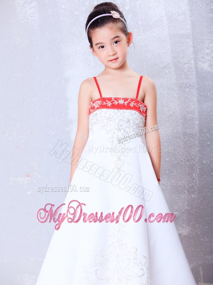 White and Red Straps Ankle-length Embroidery Flower Girl Dress