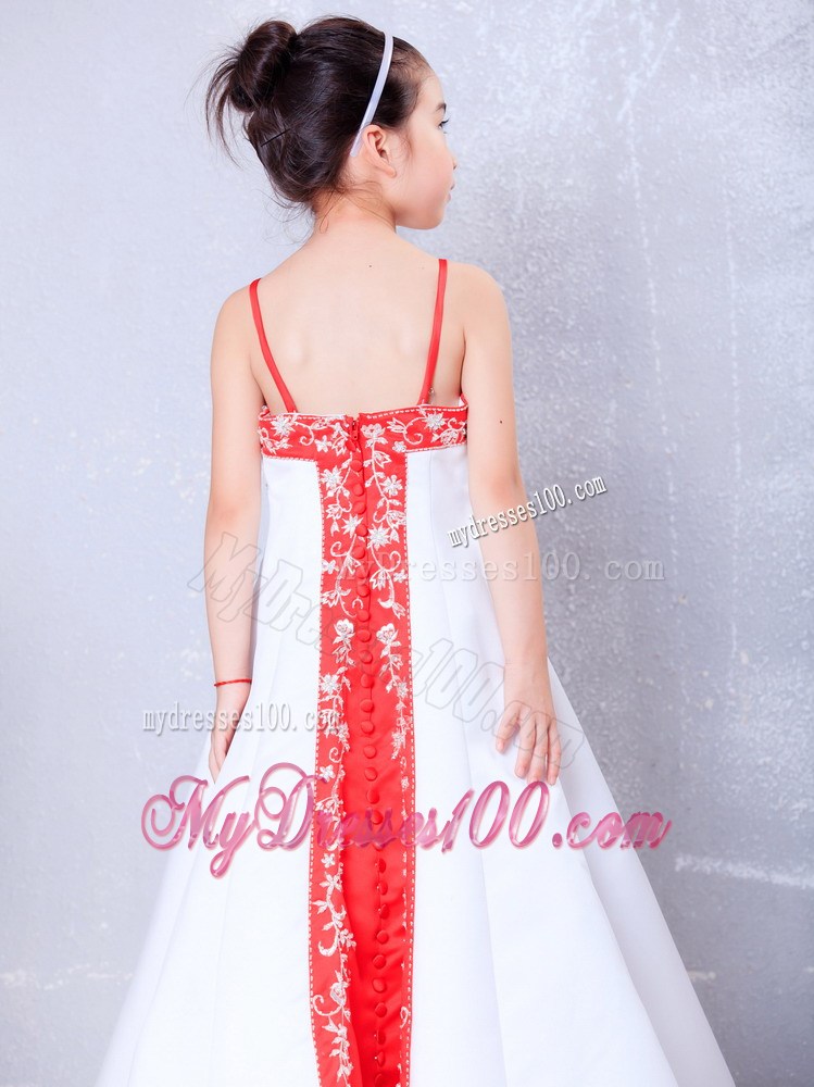 White and Red Straps Ankle-length Embroidery Flower Girl Dress