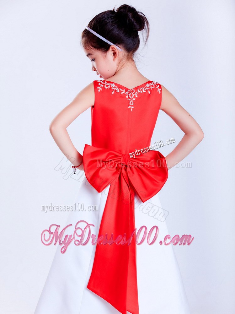 White and Red V-neck Ankle-length Embroidery Flower Girl Dress