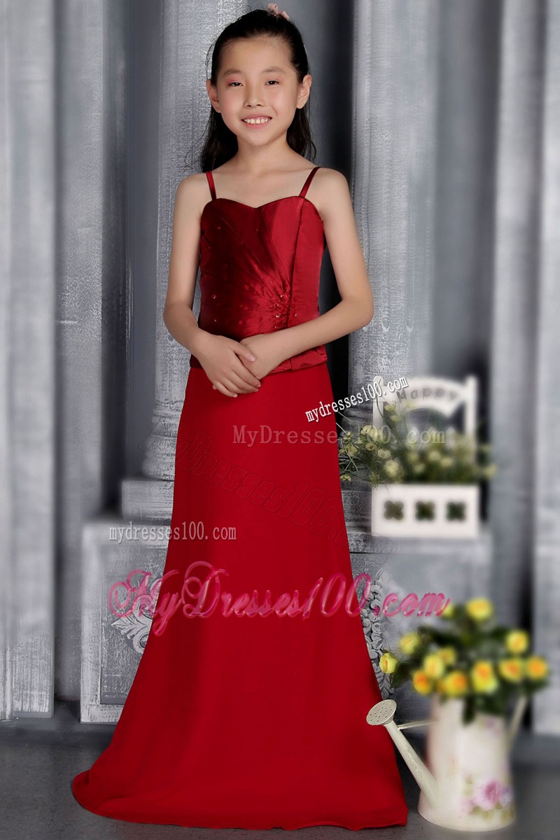 Wine Red Column Straps Brush Train Beading and Ruche Flower Girl Dress