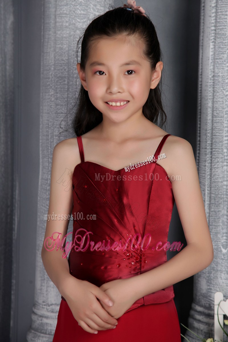 Wine Red Column Straps Brush Train Beading and Ruche Flower Girl Dress