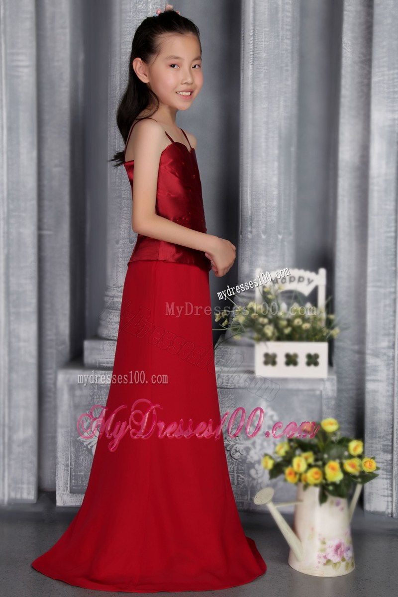 Wine Red Column Straps Brush Train Beading and Ruche Flower Girl Dress