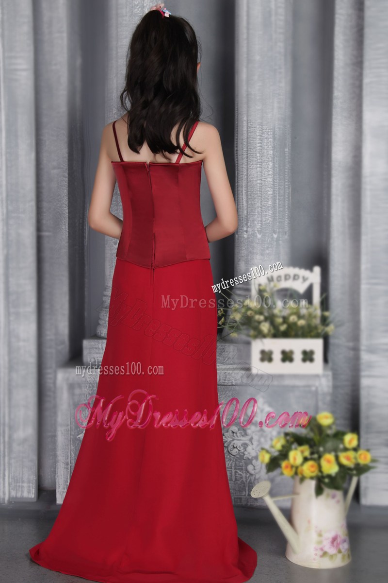 Wine Red Column Straps Brush Train Beading and Ruche Flower Girl Dress