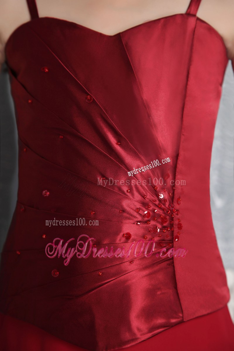 Wine Red Column Straps Brush Train Beading and Ruche Flower Girl Dress