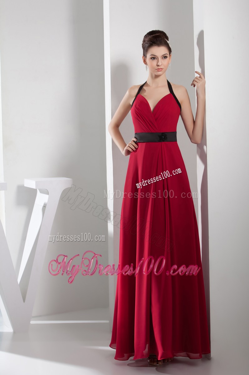 2013 Simple Column Halter Sash Long Red Prom Dress