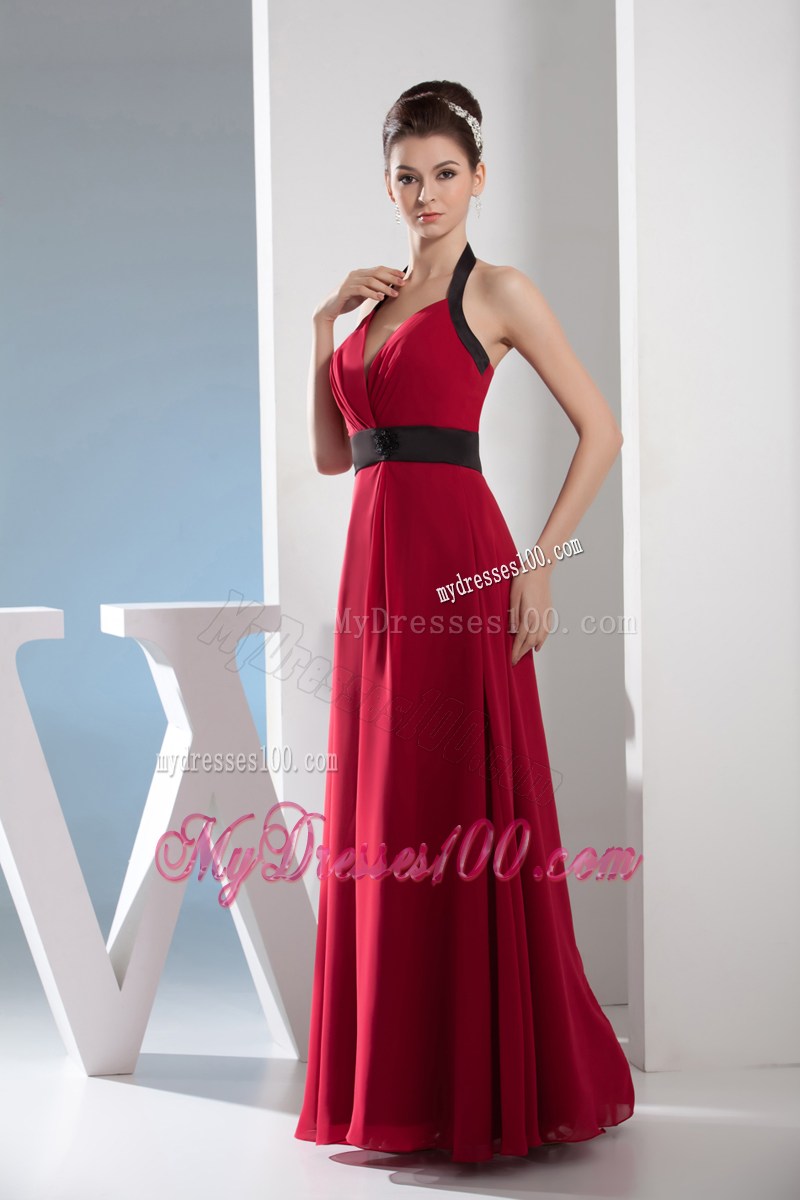 2013 Simple Column Halter Sash Long Red Prom Dress