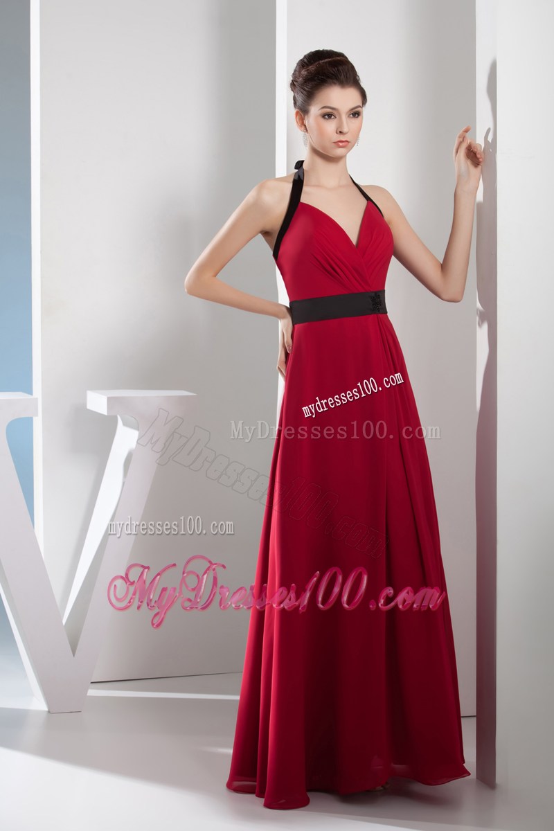 2013 Simple Column Halter Sash Long Red Prom Dress