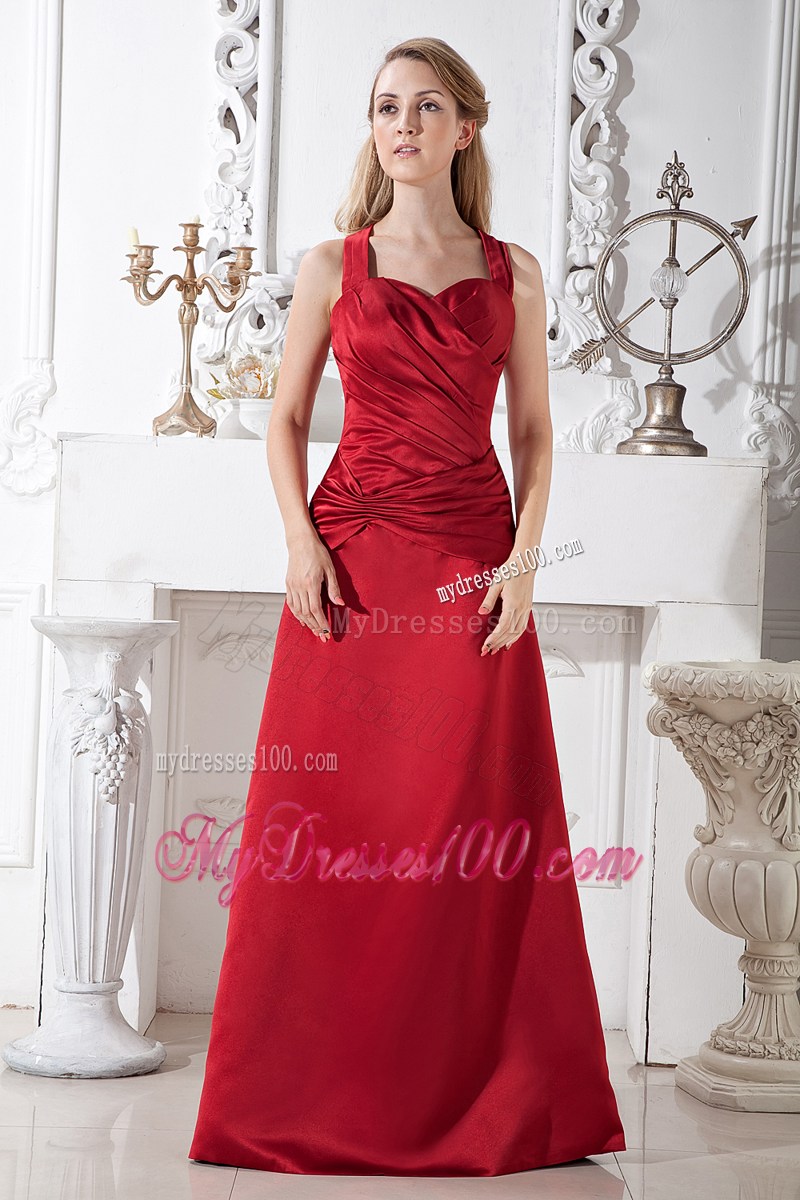 Wine Red Halter Floor-length Ruching Formal Evening Dresses