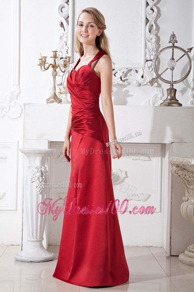 Wine Red Halter Floor-length Ruching Formal Evening Dresses