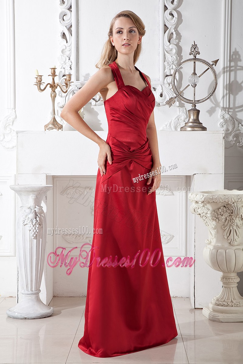 Wine Red Halter Floor-length Ruching Formal Evening Dresses