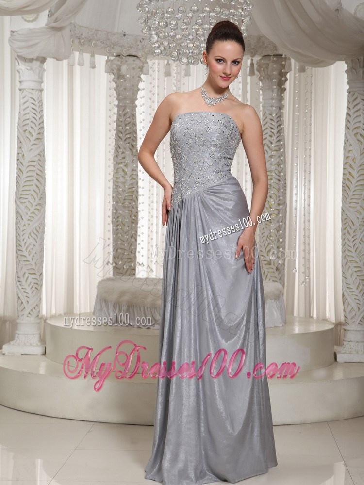 Column Strapless Appliques and Beading Floor-length Grey Prom Dress For Party