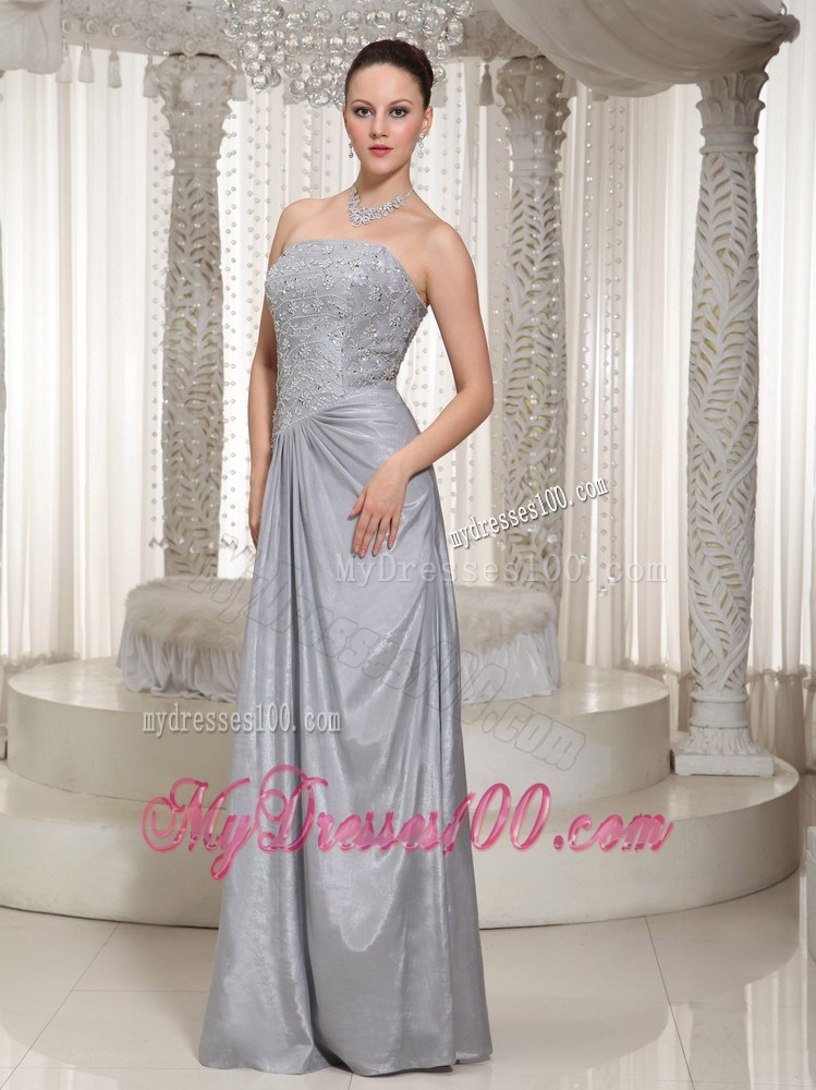 Column Strapless Appliques and Beading Floor-length Grey Prom Dress For Party