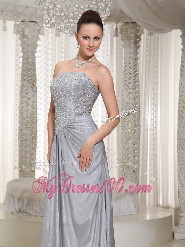 Column Strapless Appliques and Beading Floor-length Grey Prom Dress For Party