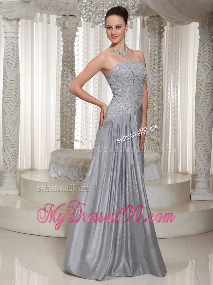Column Strapless Appliques and Beading Floor-length Grey Prom Dress For Party