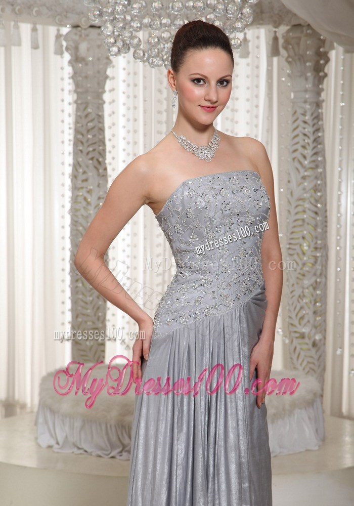 Column Strapless Appliques and Beading Floor-length Grey Prom Dress For Party