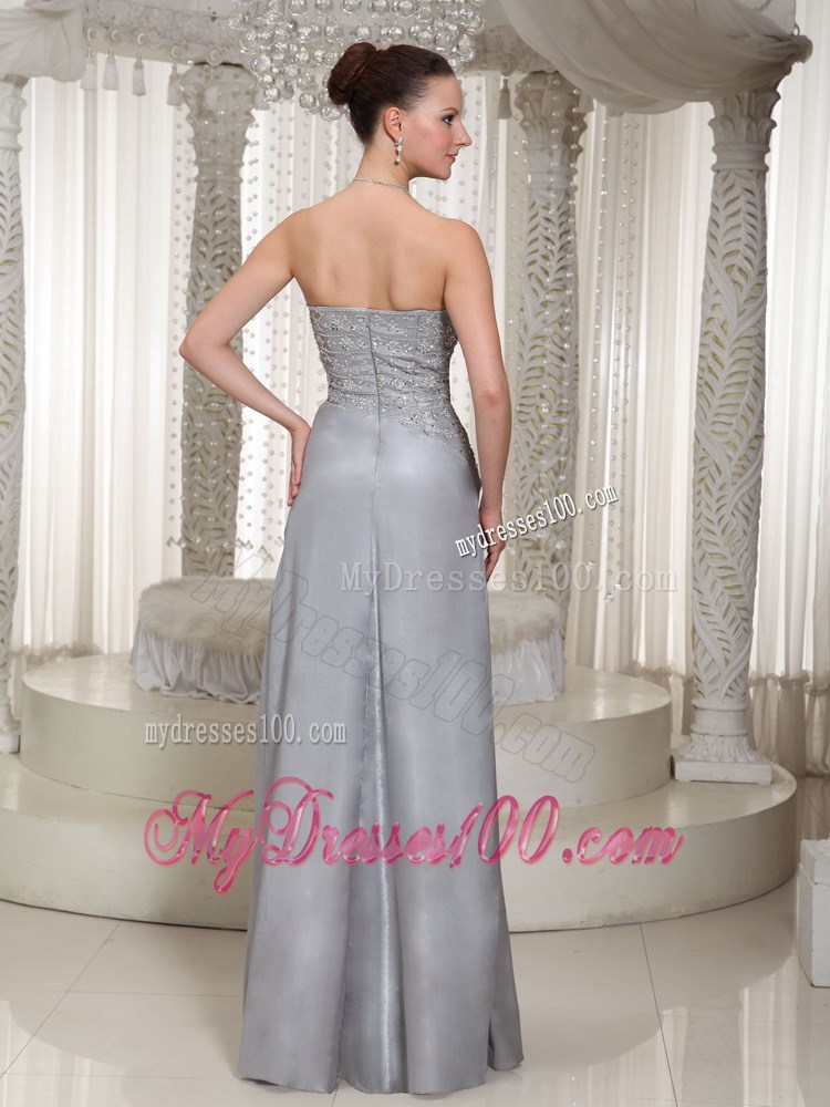 Column Strapless Appliques and Beading Floor-length Grey Prom Dress For Party