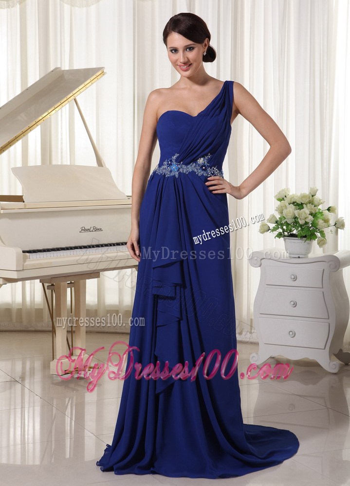 Royal Blue One Shoulder Evening Dress Appliques and Beading