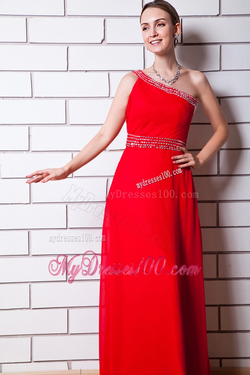 Red Empire One Shoulder Floor-length Beading Formal Evening Dress