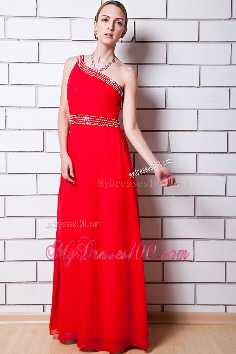 Red Empire One Shoulder Floor-length Beading Formal Evening Dress