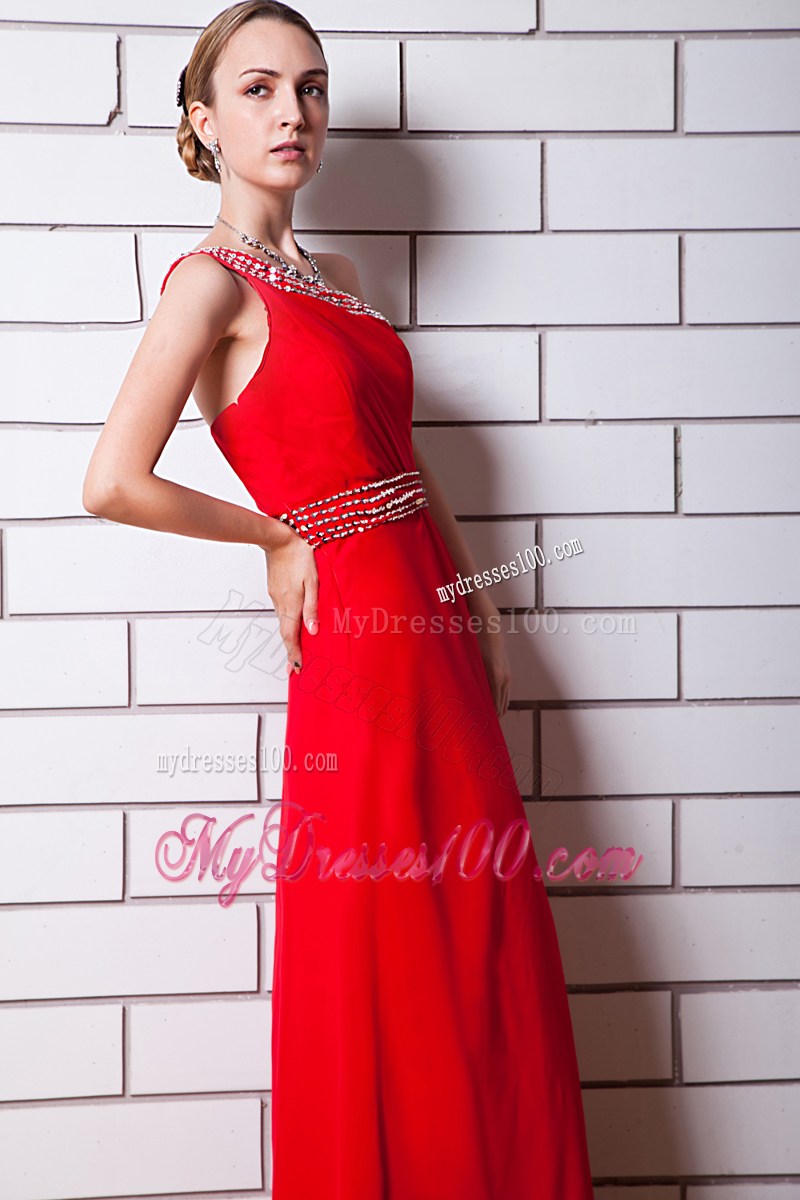 Red Empire One Shoulder Floor-length Beading Formal Evening Dress