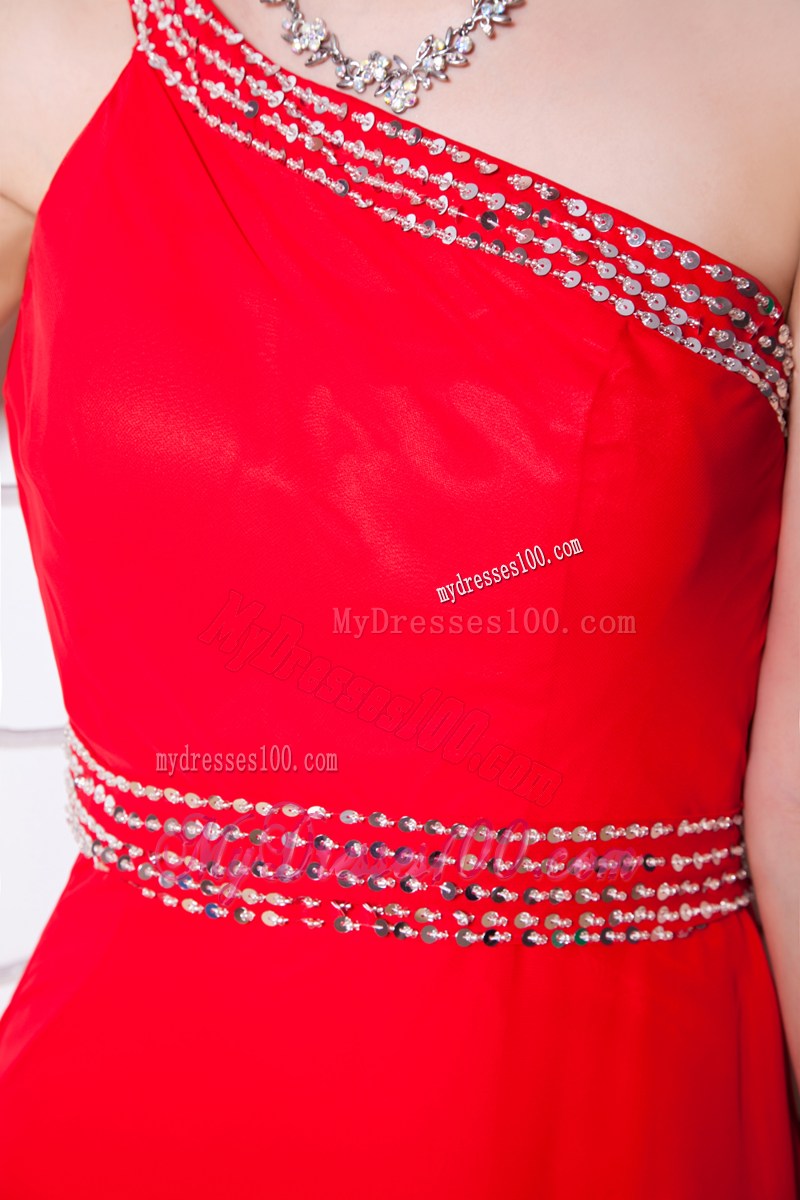 Red Empire One Shoulder Floor-length Beading Formal Evening Dress