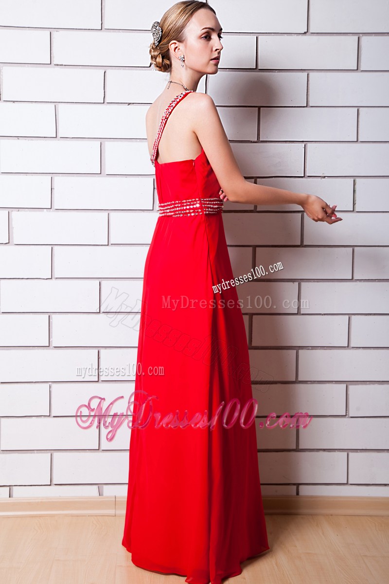 Red Empire One Shoulder Floor-length Beading Formal Evening Dress