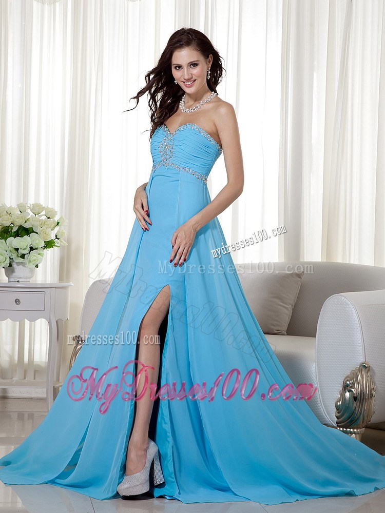 Baby Blue Sweetheart Brush Train Beading and Ruches Evening Dresses