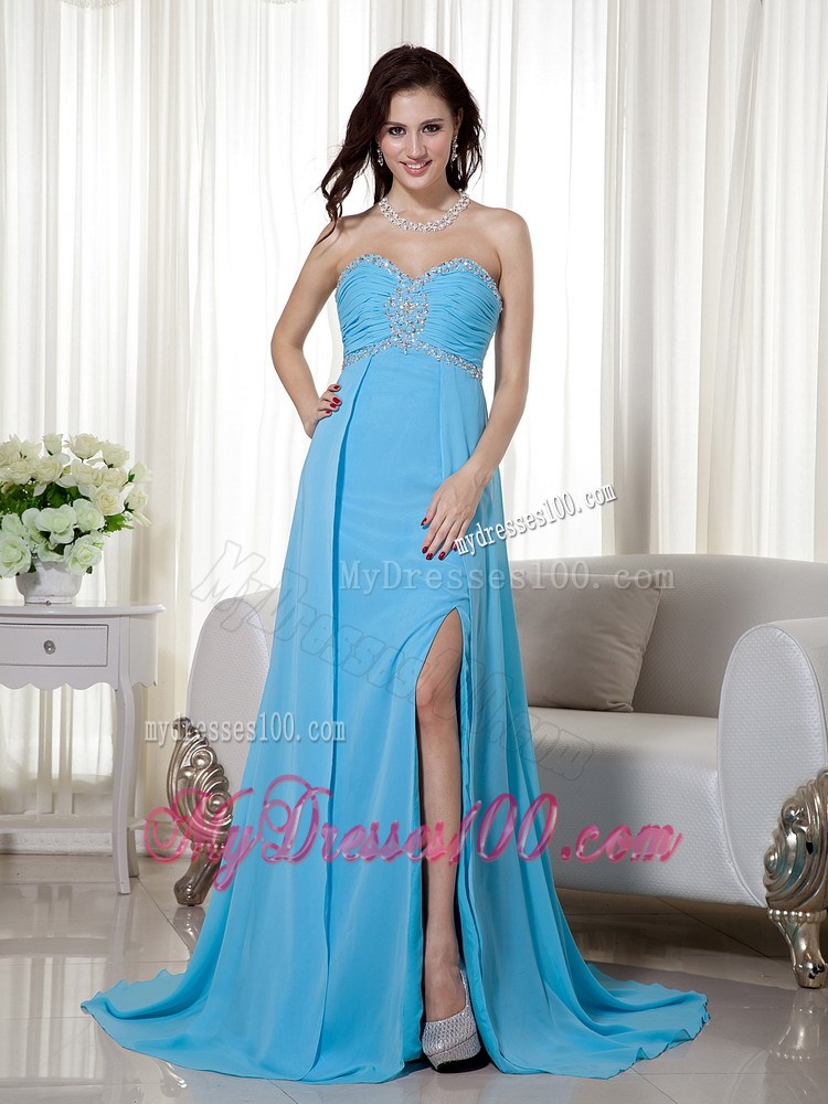 Baby Blue Sweetheart Brush Train Beading and Ruches Evening Dresses