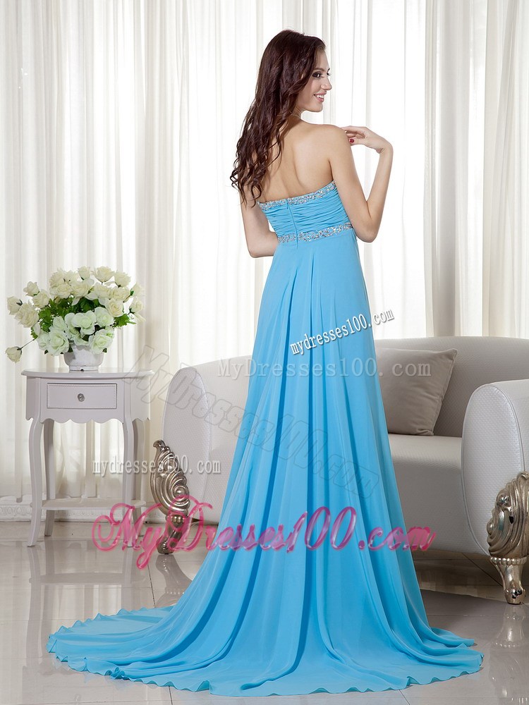 Baby Blue Sweetheart Brush Train Beading and Ruches Evening Dresses