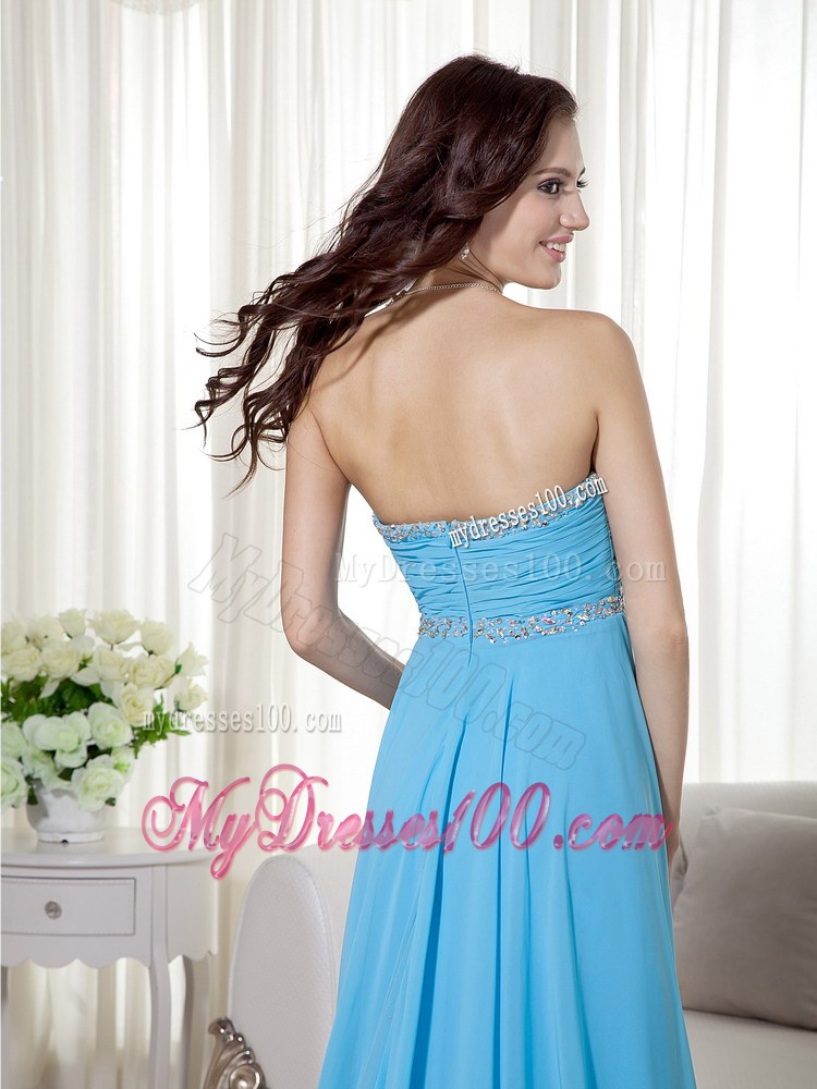 Baby Blue Sweetheart Brush Train Beading and Ruches Evening Dresses