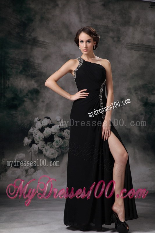Customize Black Empire One Shoulder Evening Dress with Beading