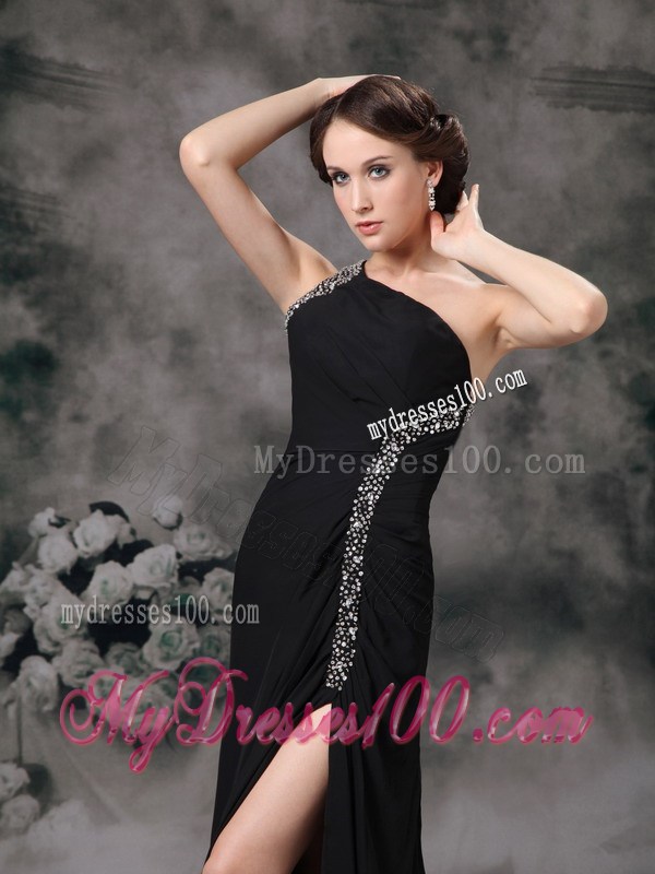 Customize Black Empire One Shoulder Evening Dress with Beading