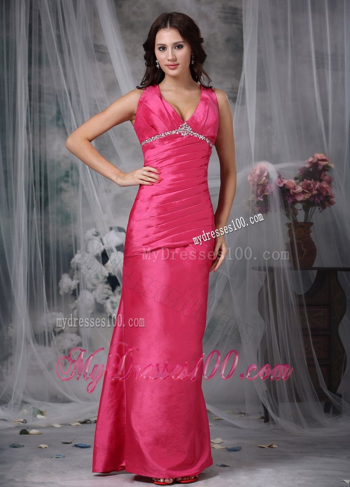 Coral Red Column V-neck Ankle-length Beading Prom Evening Dress